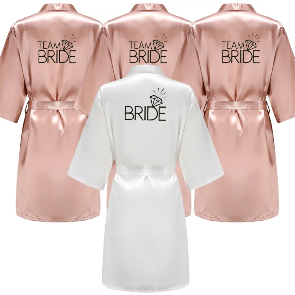 Wedding Party Team Bride Robe With Black Letters Kimono Satin Pajamas Bridesmaid Rose Gold Pink Bathrobe