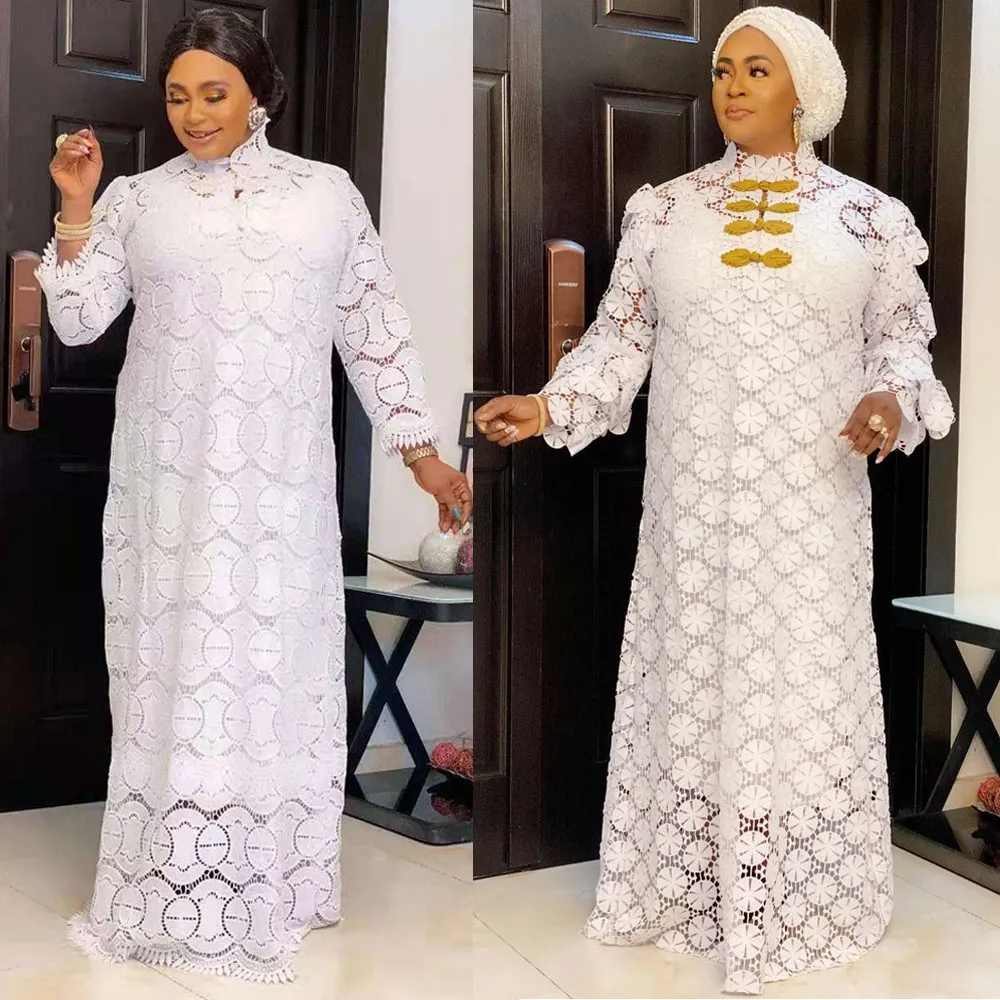 White Lace Dress For African Women Abaya Dubai Moroccan Kaftan Loose Maxi Dresses Eid Ramadan islamic Clothing African Dashiki