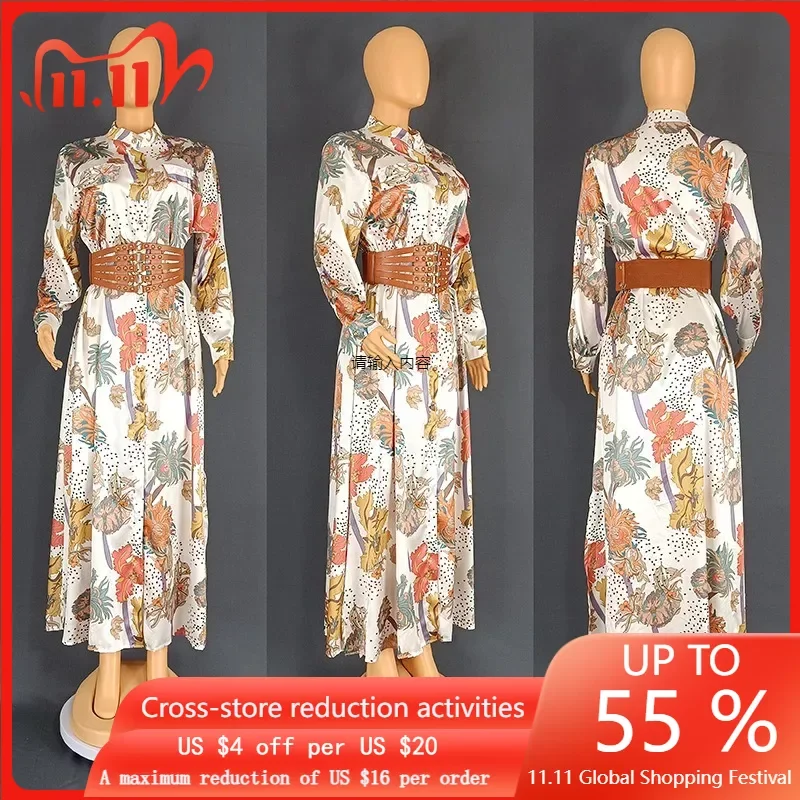 Wide Belt African Long Dresses for Women 2023 Traditional Nigeria Flower Print Caftan Dress Abaya Musulman Robe Femme Clothes