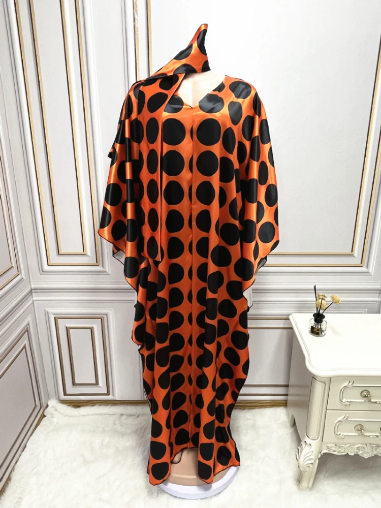 With Headtie African Style Dresses for Women 2023 Traditional Nigeria Dot Print Caftan Dress Abaya Musulman Robe Femme Clothing