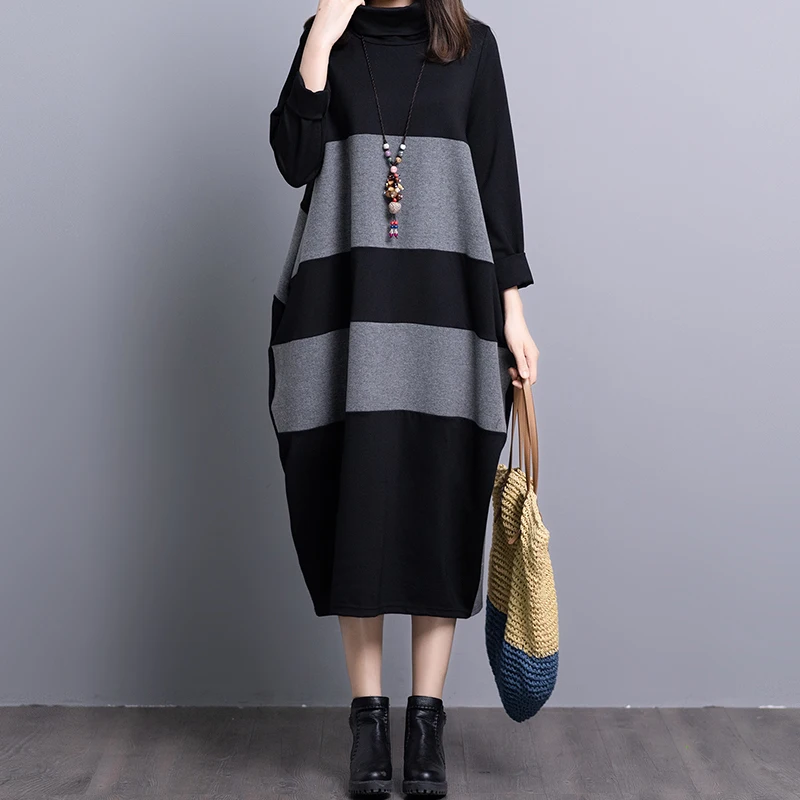 Women Clothing Contrast Color Cocoon Style Dress Autumn Winter Korean Fashion Casual Simple Fashion Over the Knee Dresses