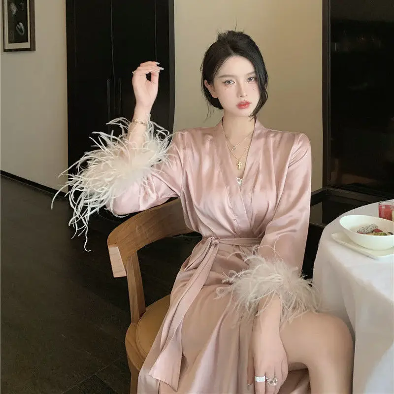 Women Clothing Wedding Dress Pijama Pink Long Sleeve Spring Sexy Long Nightgown Silk Chic Feather Casual Home Robes for Women