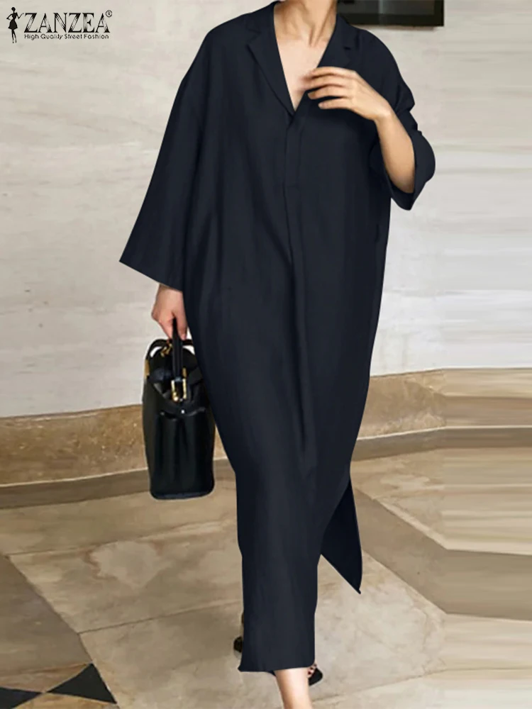 Women Split Hem Sundress ZANZEA Stylish Autumn V Neck Long Sleeve Shirt Dress Robe Femme Casual Kaftan Loose Vestidos Oversize