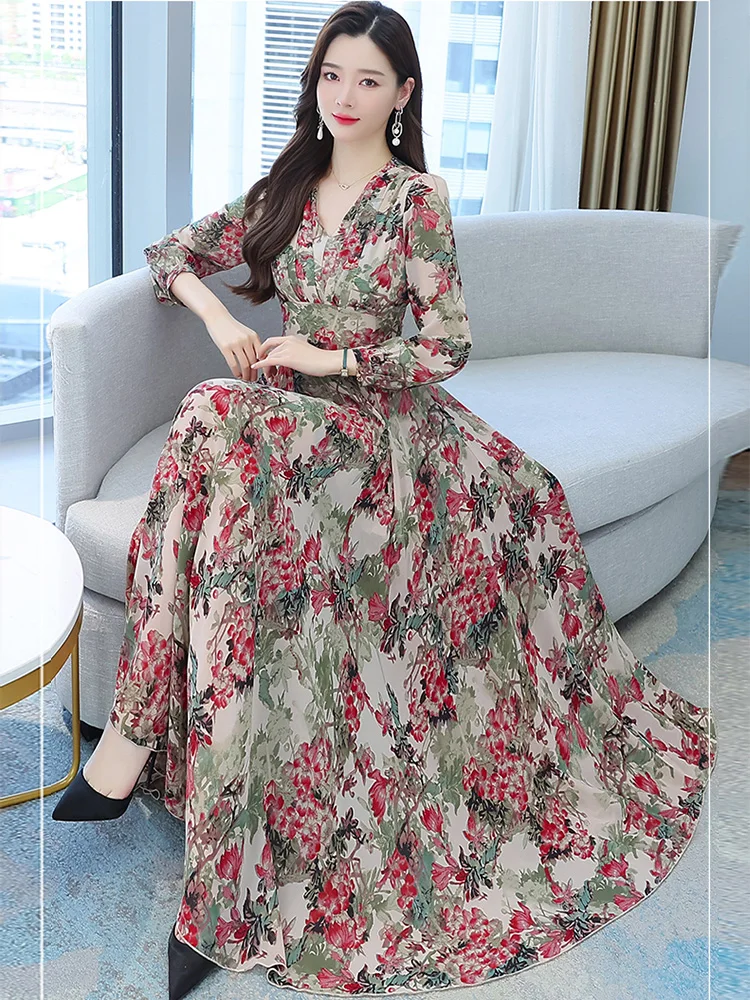 Women Spring Autumn Midi Casual Dress Beach Floral Chiffon Robe Chic Elegant Evening Dresses For Party Korean Fashion 2022 Maxi