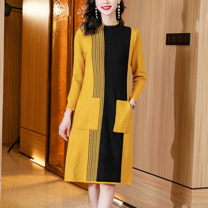 Women’s Contrast Style Patchwork Knitted Dress Winter Fashion Inside Pockets Loose Thick Wool Sweater Dresses