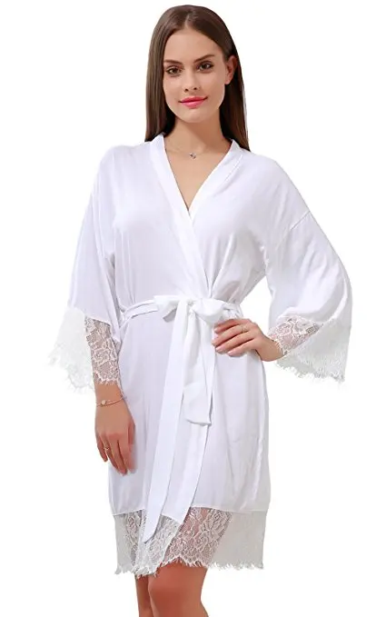 Women’s Cotton Kimono Robes Wedding Party Gifts for bride and Bridesmaid with Lace Tri