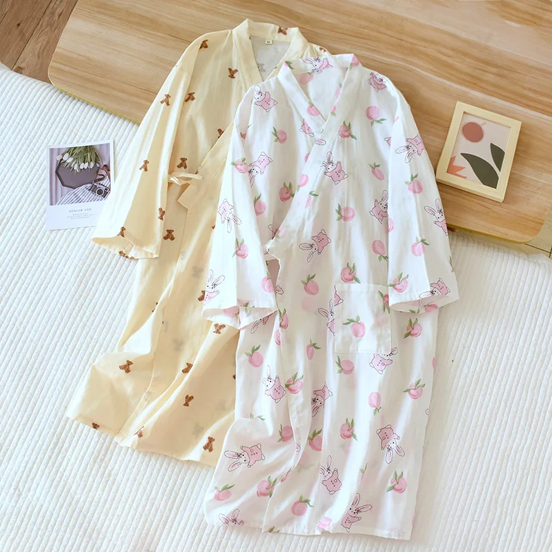 Women’s Summer Cotton Kimonos Robes for Spring and Autumn Thin Home Clothing Multi Colors Printing Women’s Pajamas Bathrobes