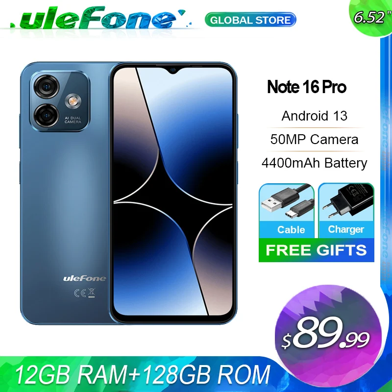 [World Premiere] Ulefone Note 16 Pro Smartphone 12GB（4GB+8GB Extended）128GB 50MP 6.52 4400mAh Android 13 Portable Cellphone