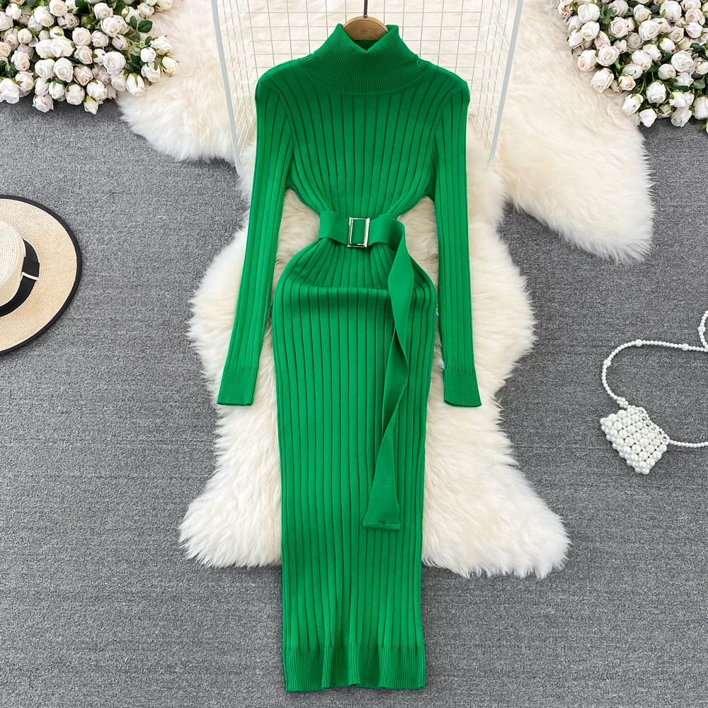 YuooMuoo Ins Hot Turtleneck Sexy Wrap Hips Knitted Dresses Women 2023 Autumn Winter Long Sleeve Bodycon Sweater Dress with Belt