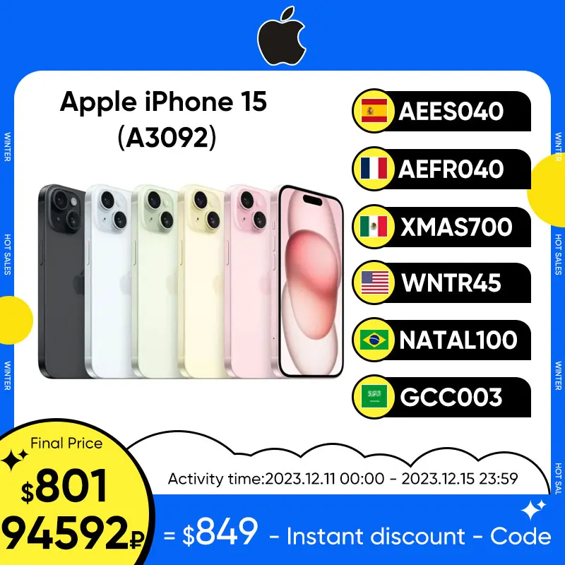 100% New Original Apple iPhone 15 A3092 iOS 17 Apple A16 Bionic Super Retina XDR OLED Display IP68 dust/water resistant Dual SIM