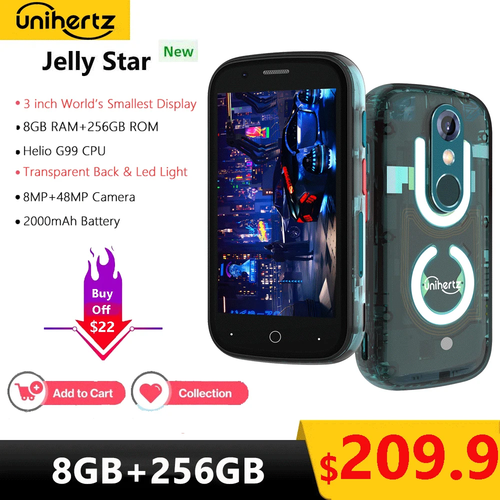 Unihertz Jelly Star Smallest Android 13 Smartphone 8GB 256GB Led Light Transparent Backshell Mobile Phone 48MP 3inch Cellphones