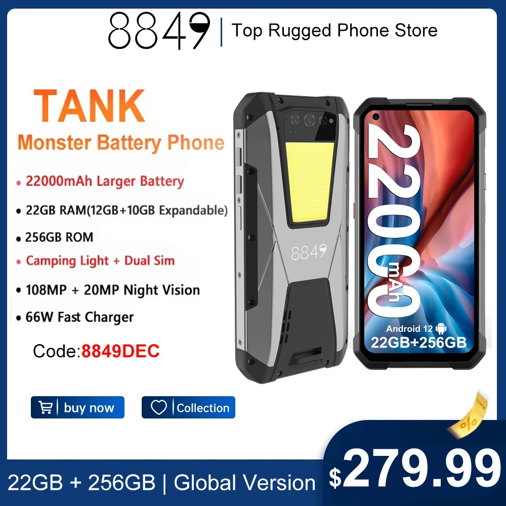 8849 By Unihertz Tank 22GB Ram 256GB  Rom Rugged Smartphone 22000mAh 108MP G99 Night Vision Cellphone Camping Mobile Phone