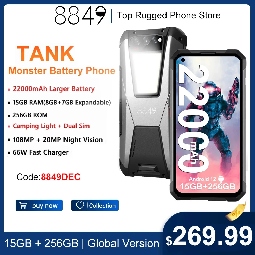 8849 Tank Night Vision Rugged Mobile Phone 15GB Ram 256GB Rom 22000mAh Battery 108MP G99 Cellphone  Android 12  Smartphone