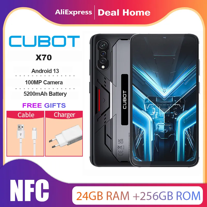 Cubot X70, Android 13, экран 6,583 дюйма, 120 Гц, Helio G99, 24 + 256 ГБ(12 ГБ + 12 ГБ расширенной), 5200 мАч,NFC,OTG