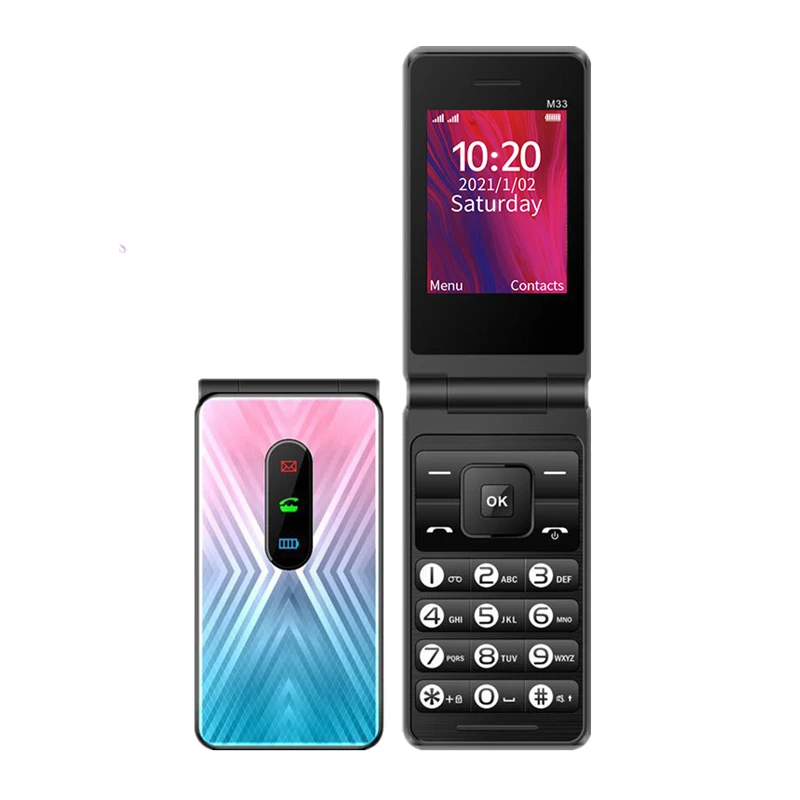 Cute Flip Mobile Phone 2.4inch Screen GSM 2G Clamsell 800mAh Battery MP3 MP4 FM Elderly Cellphone Big Font Big Voice Flashlight