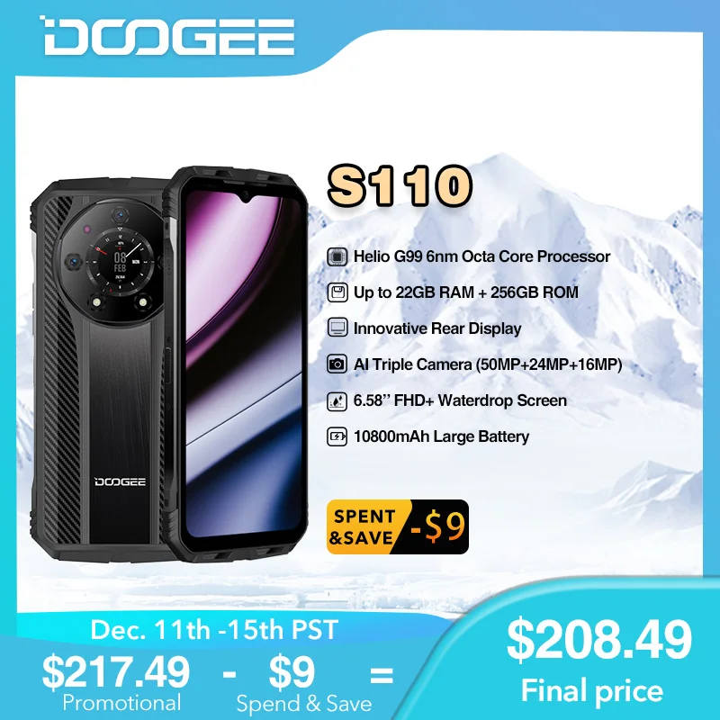 DOOGEE S110 Rugged 12GB+256GB Rear Display 6.58” FHD Waterdrop Screen Helio G99 Octa Core 66W Fast Charging 10800mAh Battery