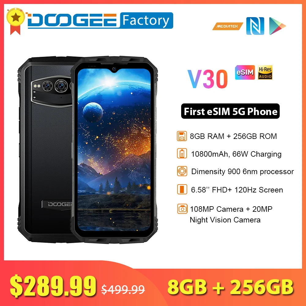 DOOGEE V30 5G Device 8GB 256GB First eSIM Machine MTK Dimensity 900 6nm Processor 10800mAh Battery 66W Fast Charge 108MP Camera