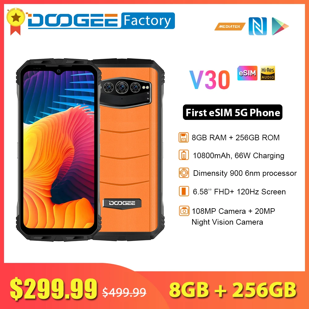 DOOGEE V30 eSIM 5G Smartphone MTK Dimensity 900 6nm Processor 8GB 256GB 10800mAh 108MP Mobile Phone Wifi 6 NFC Cellphone