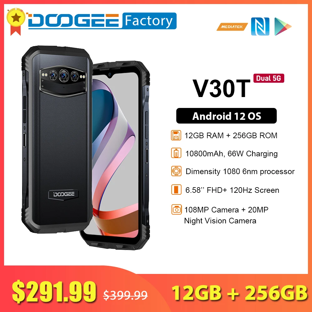 DOOGEE V30T 12GB 256GB 5G Smartphone Dimensity 1080 6nm 10800mAh 108MP 120Hz Mobile Phone Wifi 6 NFC Android 12 Cellphones