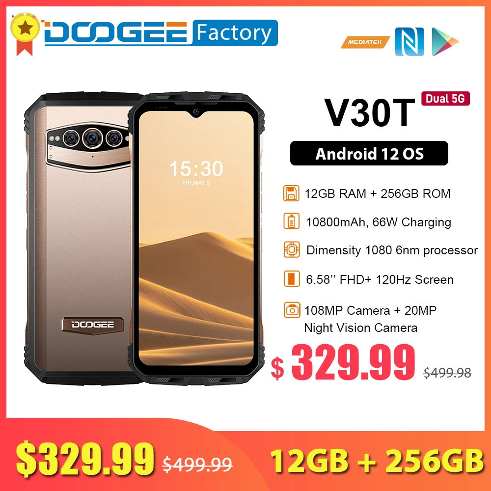 DOOGEE V30T Dimensity 1080 6nm Smartphone 12GB 256GB 5G Android 12 Cellphones 10800mAh 108MP 120Hz Wifi 6 NFC Mobile Phone