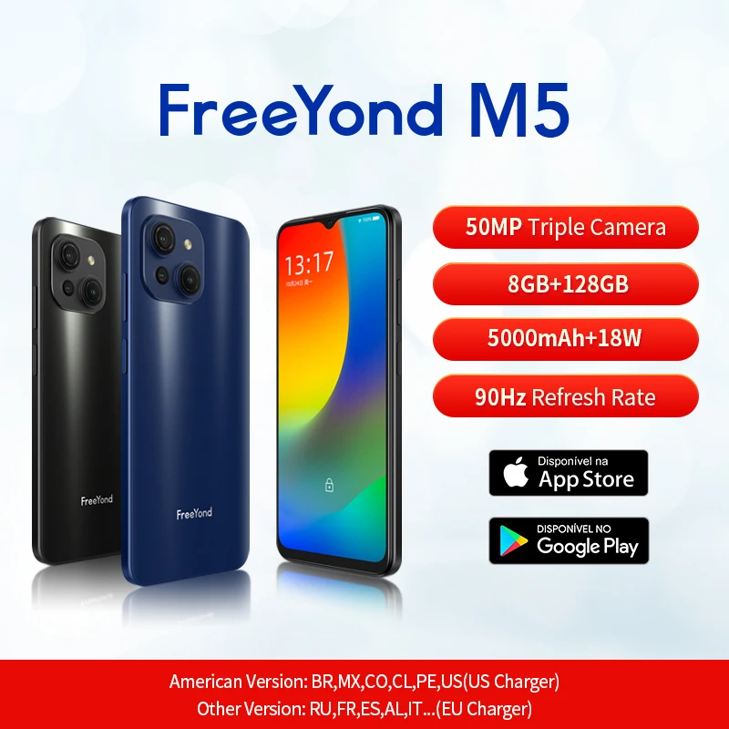 FreeYond M5 8GB 128GB Cellphones 50MP AI Triple Camera 90Hz IPS Screen 5000mAh 18W Fast Charging Android Phone Smartphone