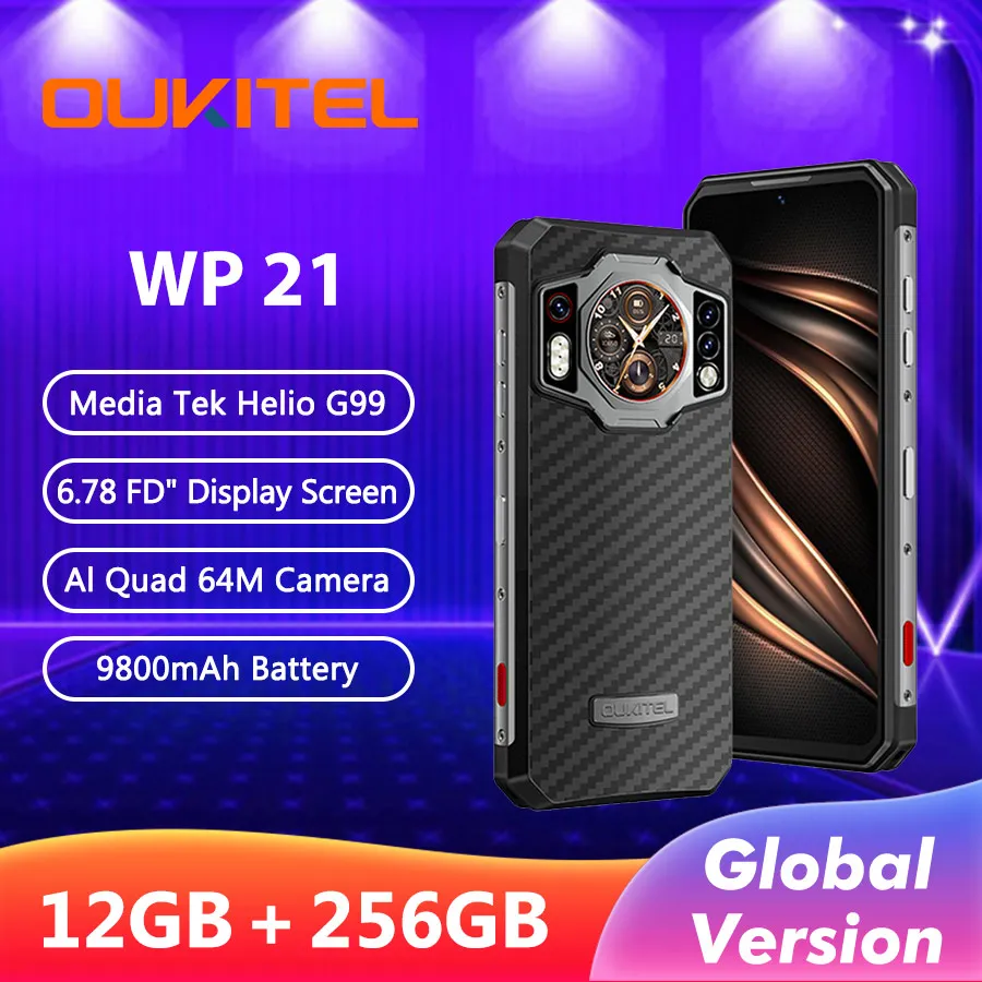 Global Oukitel WP21 Rugged Night Vision Smartphone Cell Phone Mobile Phone 9800 mAh 12GB+256 GB 64MP Camera 66W 120 Hz Helio G99