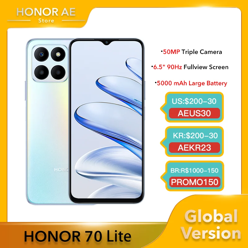 Global Version HONOR 70 Lite 5G 50MP Triple  Camera 6.5 Inches Fullview Display 128GB Large Storage Fast Charing