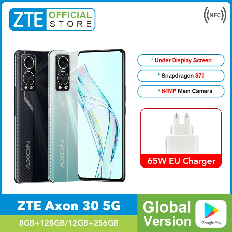 Global Version ZTE Axon 30 5G  Snapdragon 870 Under Screen Camera 120HZ AMOLED Display 65W FastCharge