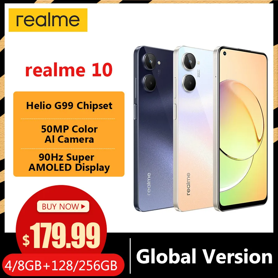 Global Version realme 10 4/8GB 128/256GB Smartphone Smartphone Helio G99 Octa Core 6.4\