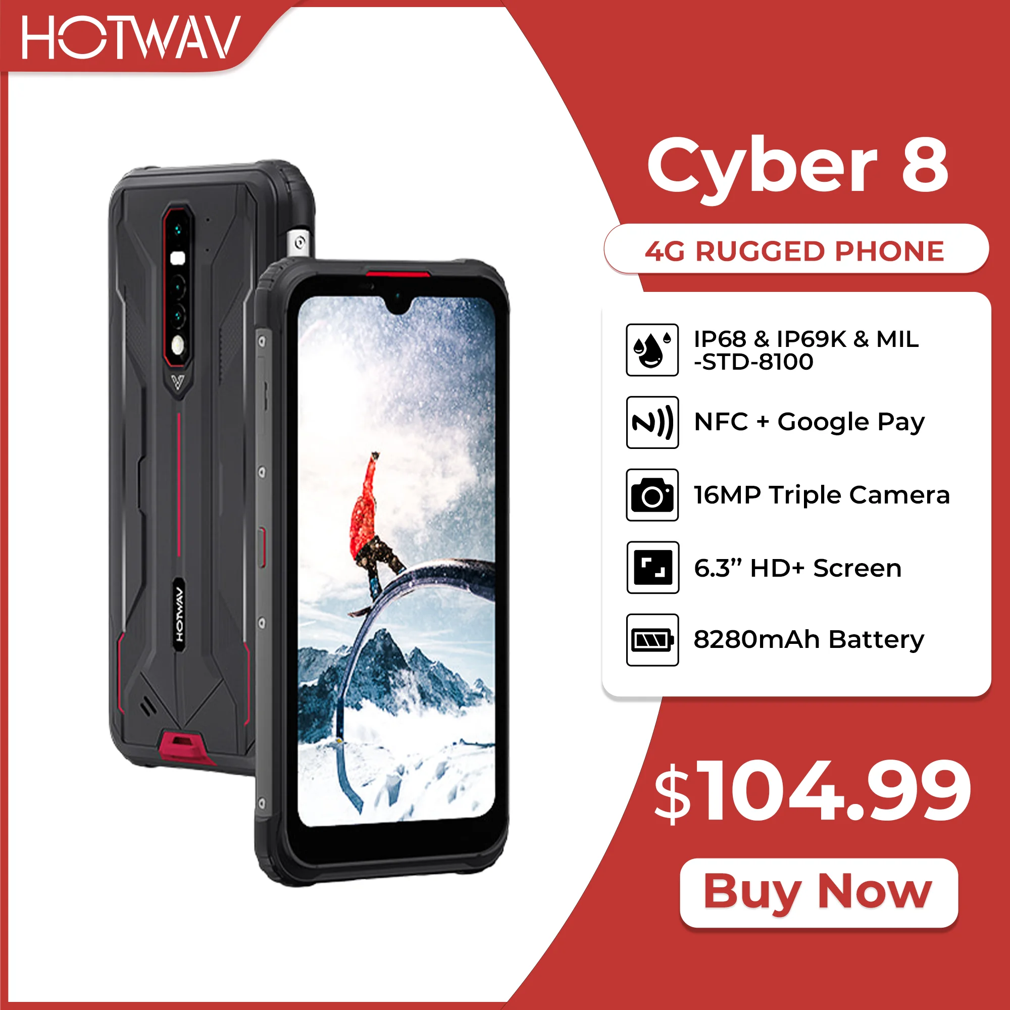 HOTWAV CYBER 8 4GB 64GB Waterproof 8280mAh Global Version Mobile Phone 16MP Camera 6.3 Inch NFC Android 11 Rugged SmartPhone