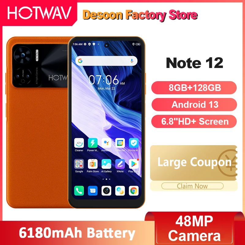 HOTWAV Note 12 Smartphone 6.8”HD+ 8GB+128GB T606 Octa-Core Android 13 6180mAh Battery 48MP Camera NFC 20W Charging Cellphone