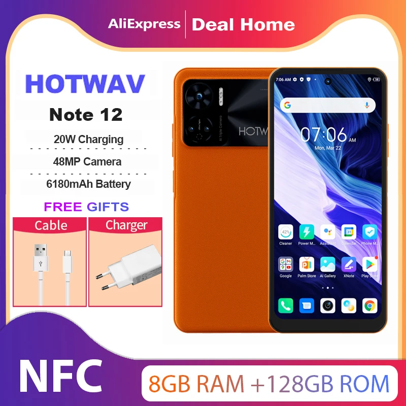 In Stock HOTWAV Note 12 Smartphone 6.8” HD+ Android 13 8GB+128GB Octa-Core Mobile Phone 48MP NFC 6180mAh 20W Charging Cellphone