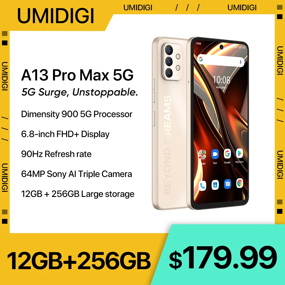 New UMIDIGI A13 Pro Max 5G Smartphone, Dimensity 900, 12GB+256GB, 64MP Triple Camera, 6.8” FHD+ Display 5150mAh 90Hz Phone