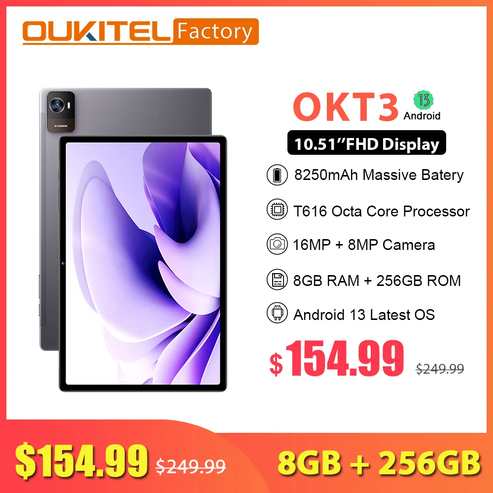 OUKITEL OKT3 8GB 256GB Android 13 Tablet 10.51” FHD Display, 8250mAh Battery Pad, 16MP Camera T616 Octa core GPS Tablets