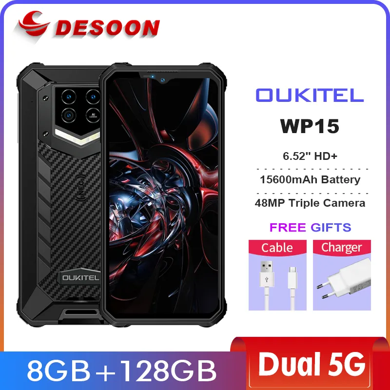 OUKITEL WP15 15600mAh Dual 5G Rugged Smartphone 6.52” HD+ 8GB+128GB Octa Core Mobile Phone 48MP Triple Camera Mobile Phone NFC