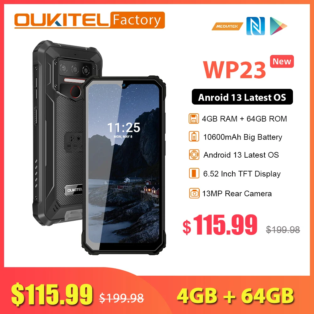 OUKITEL WP23 10600mAh Battery Android 13 OS 4GB 64GB 13MP Camera 6.52 Inch HD Display 4G LTE NFC