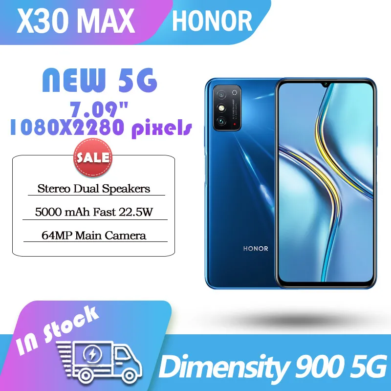 Original Honor X30 Max 5G Smartphone 7.09 Inch LCD Screen 2280×1080 Big Screen 5000mAh 64MP Main Camera 8GB RAM 256GB ROM Mobile