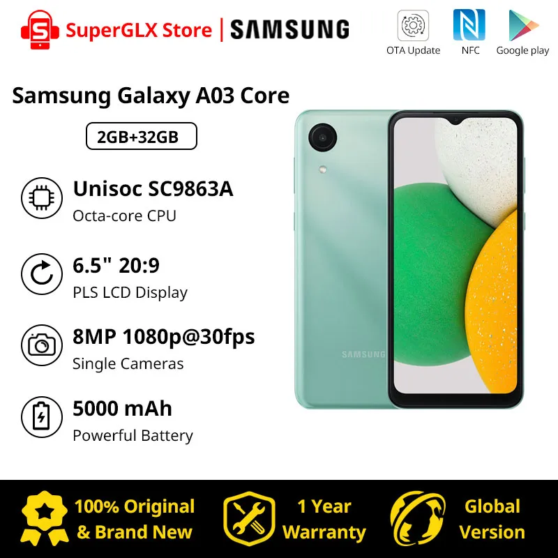 Original New Samsung Galaxy A03 Core Smartphone Unisoc SC9863A Octa-core Android 11 5000mAh Battery Dual SIM Android Cell Phone