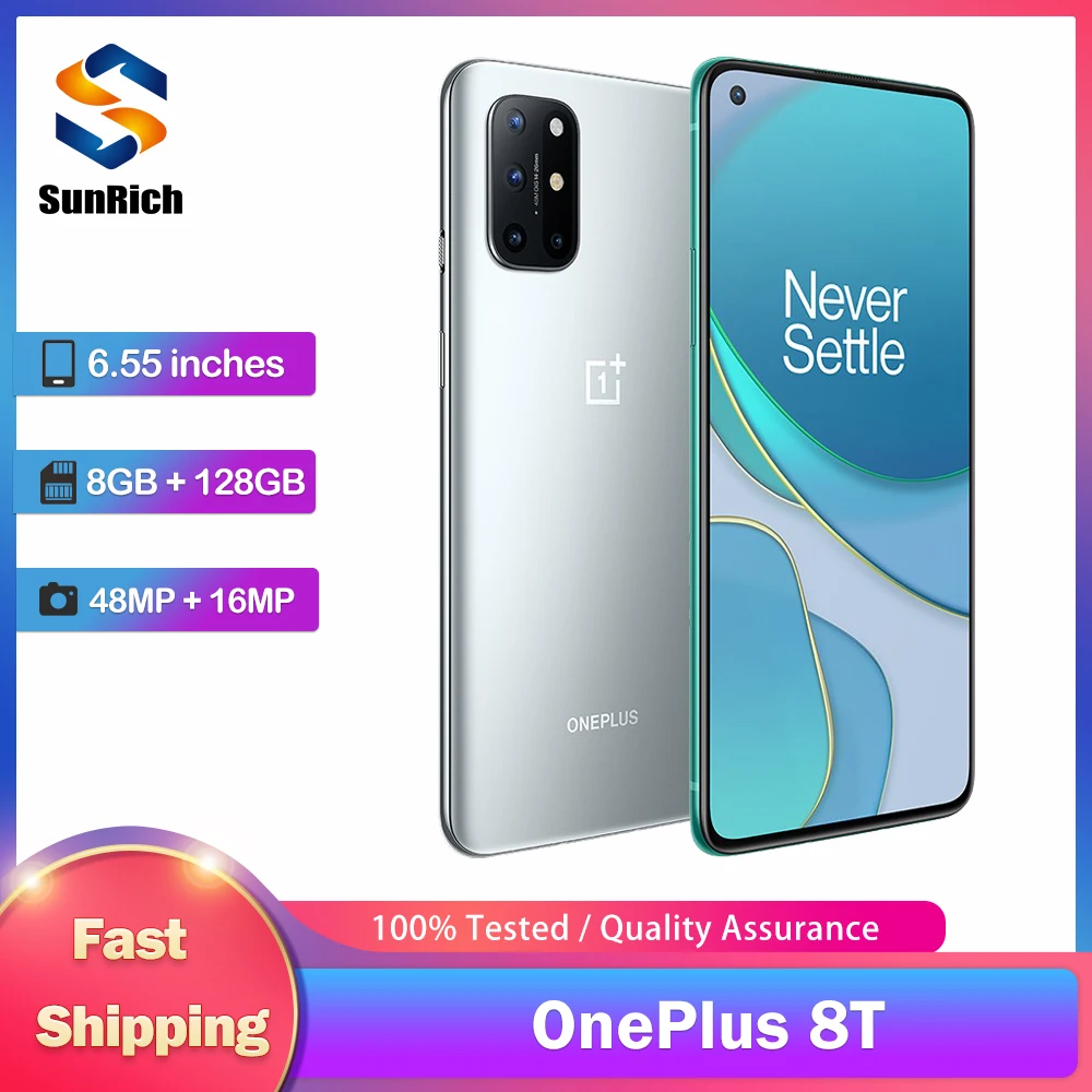 Original OnePlus 8T 5G Mobile Phone Dual SIM NFC 6.55” 120Hz 8GB+128GB 12GB+256GB 48MP+16MP+5MP+2MP 4K@60fps OctaCore CellPhone