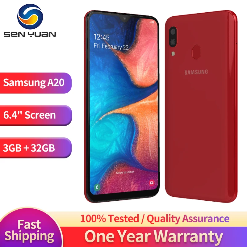 Original Samsung Galaxy A20 A205U 4G Mobile Phone Single/Dual SIM 6.4” 3GB RAM 32GB ROM CellPhone 13MP+8MP Android SmartPhone