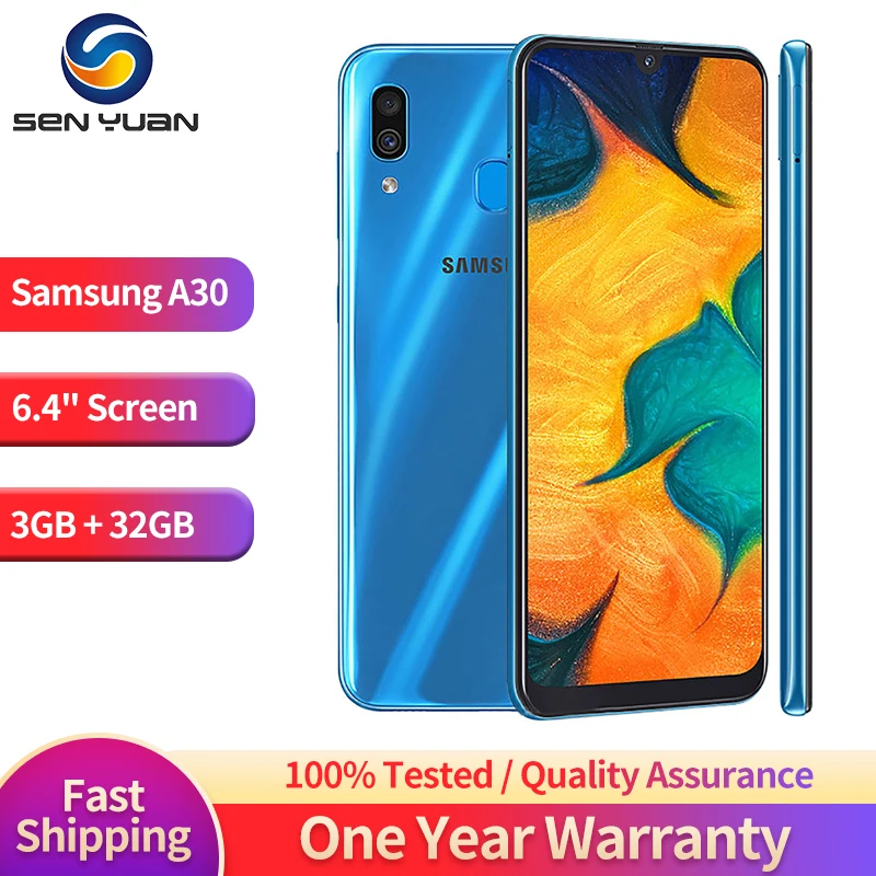 Original Samsung Galaxy A30 A305F 4G Mobile Phone Dual SIM Card 6.4” 3GB RAM 32GB ROM 16MP+5MP Octa Core Android SmartPhone