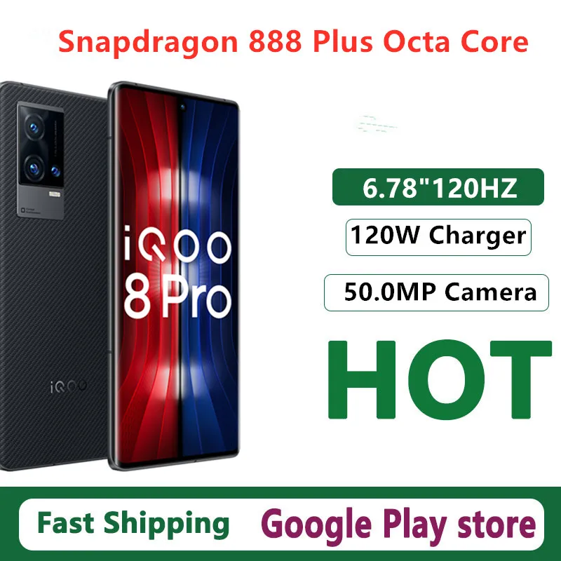 Original Vivo Iqoo 8 Pro Smart Phone 50.0MP Snapdragon 888 Plus 120W Charger 6.78\