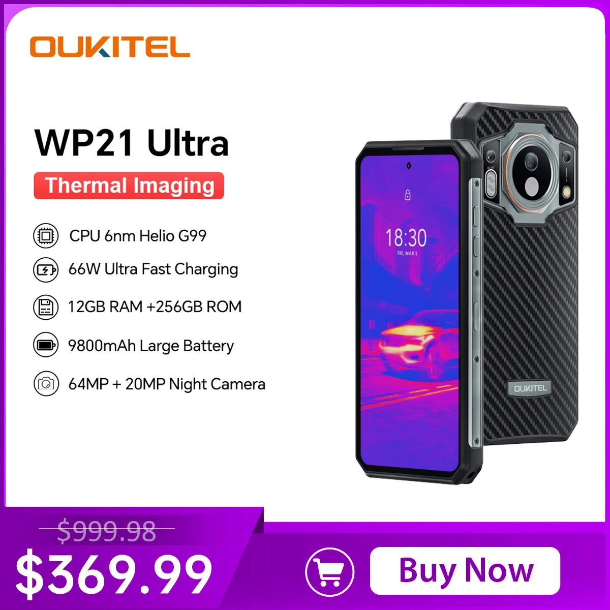 Oukitel WP21 Ultra Rugged Cell Phone 6.78′ FHD+ 9800mAh Mobile Phone 12GB 256GB Mobile Phone 64MP Helio G99 Cell Phone 120Hz 66W