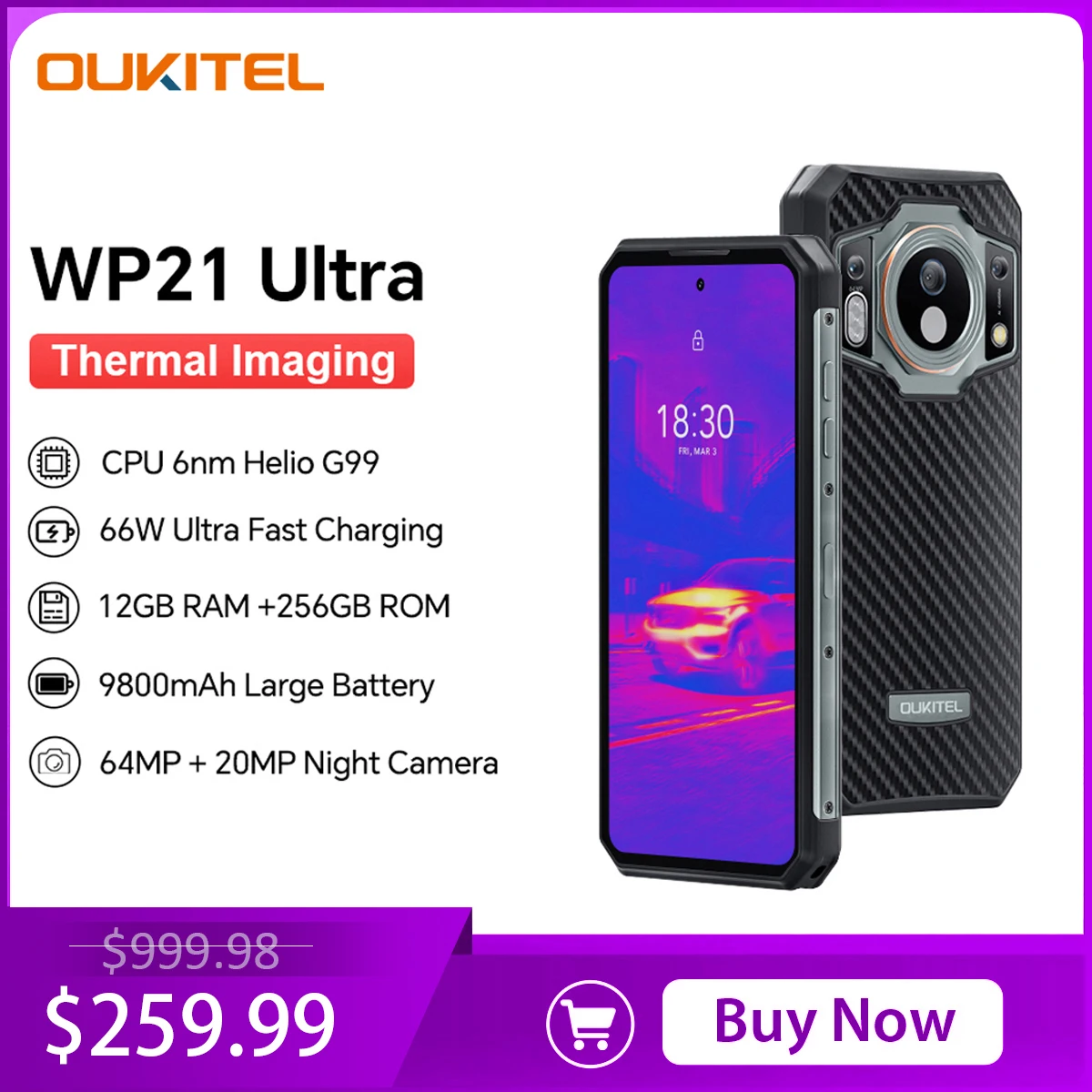 Oukitel WP21 Ultra Rugged Phone 6.78′ FHD+ 9800mAh 12GB 256GB Cell Phone 64MP G99 120 Hz Mobile Phone 66W