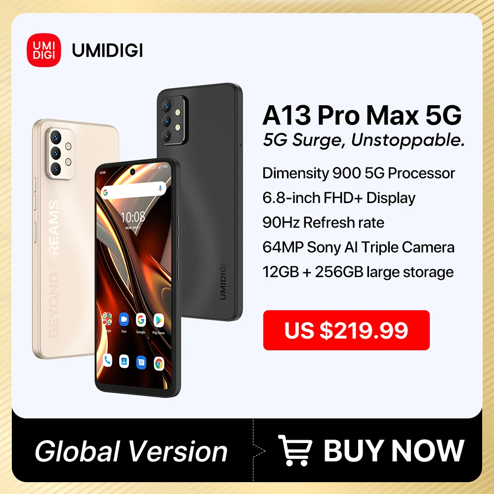 UMIDIGI A13 Pro Max 5G 12GB 256GB Smartphone Dimensity 900 Processor 6.8” FHD+ Display 90Hz  64MP Triple Camera Cell Phone