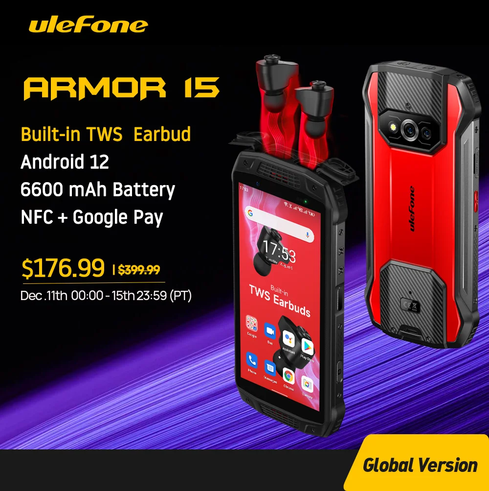 Ulefone Armor 15 Rugged Phone Android 12 Built-in TWS Earbuds Smartphone 6600mAh 128GB NFC 2.4G/5G WLAN Waterproof Mobile Phones