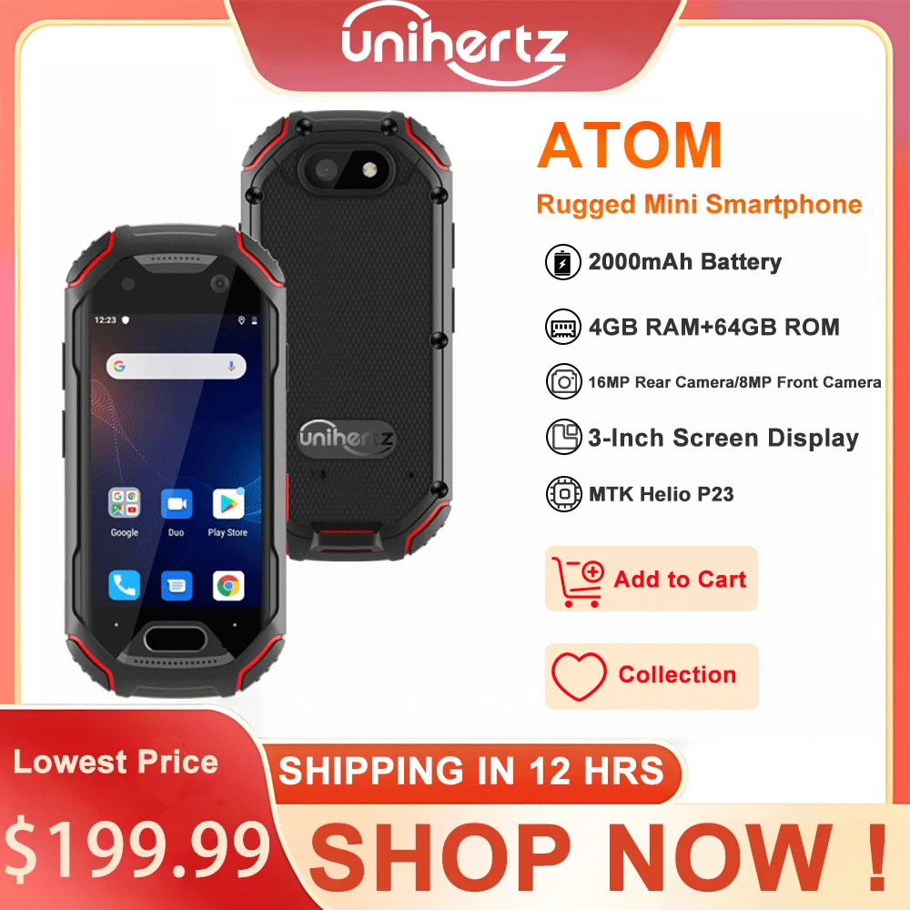 Unihertz Atom Small Rugged Smartphone 4GB 64GB Cellphone P23 16MP 4G 2000mAh Battery 2.45” Mobile Phone For Spare Phone