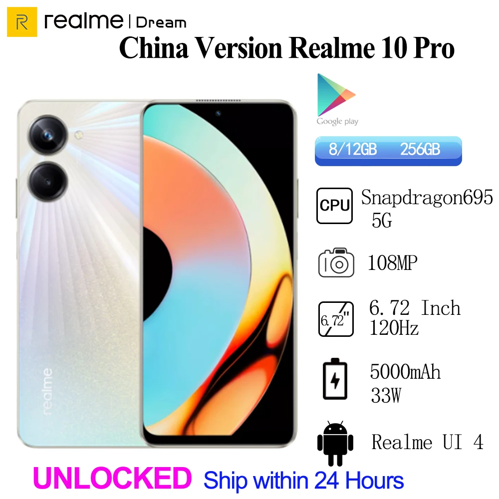 Unlocked Original Realme 10 Pro Snapdragon 695 5G  6.72” FHD+ 120Hz 108MP Dual Camera 33W 5000mAh Battery Android 13