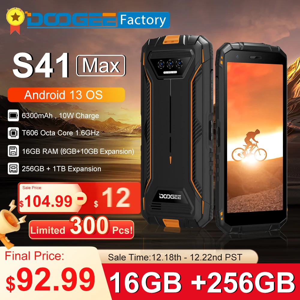 [World Premiere] DOOGEE S41 Max 16GB 256GB Rugged Smartphone 6300mAh 13MP AI Triple Camera Android 13 NFC 4G Cellphone