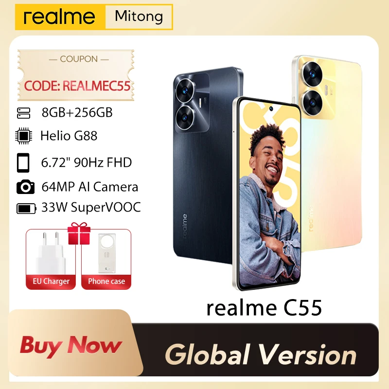 realme C55 smartphone 64MP AI Camera Helio G88 Processor 6,72” 90Hz Display 5000mAh Battery 33W Charge Global Version 8GB+256GB